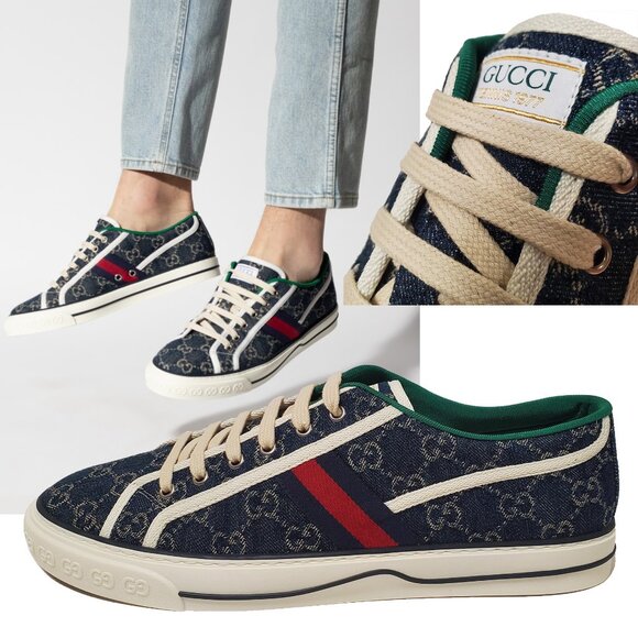 GUCCI MENS SNEAKERS TENNIS 1977 GG SUPREME BLUE DENIM SHOES sz 12.5 13 US - Picture 1 of 15
